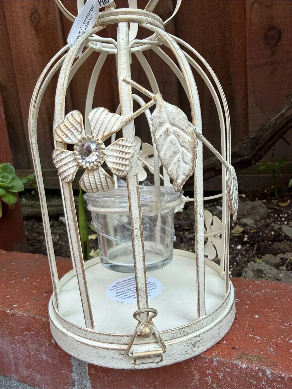 Pier 1 Cream Metal Birdcage Candle Holder with Floral Accents